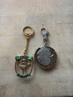 Vintage Spinning Hula Girl Hawaii Keychain and Rhinestone Apple Purse Hook Set